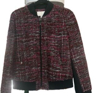 Excetera, NWOT Textured tweed Bomber Jacket in black, burgundy, red, sz 10
